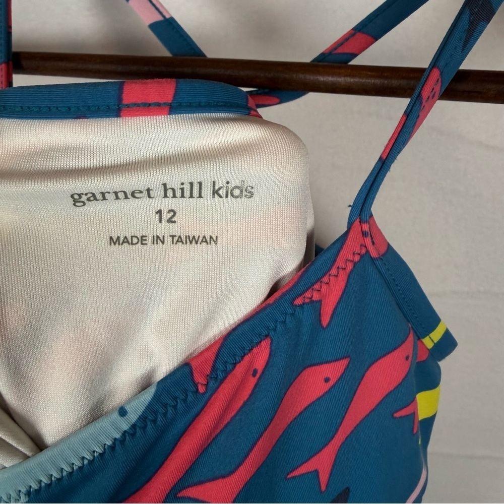 Garnet Hill Girls Size 12 Ruffle One-Piece Swimsuit Teal Fish Print Swimwear - Picture 3 of 7